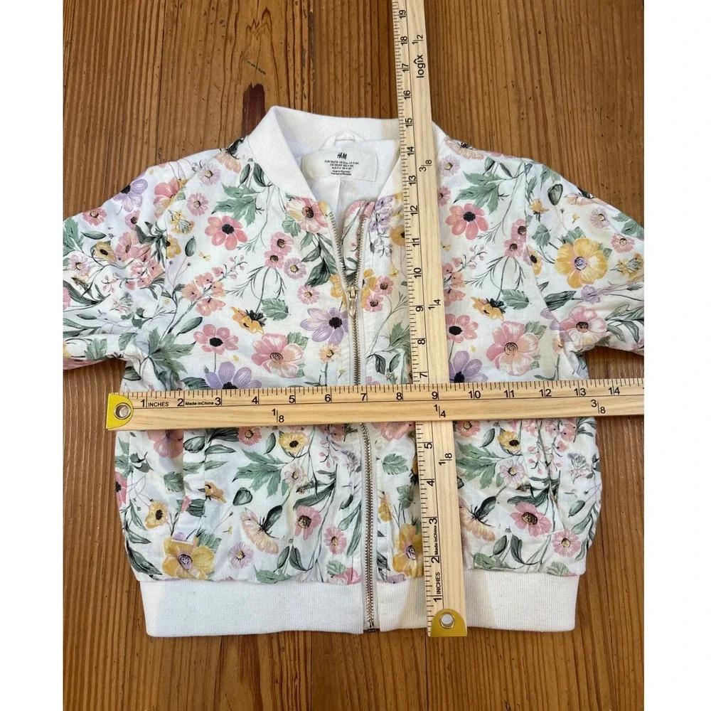 H&M Bomber Jacket Kids White Floral‎ Print Zip Up Lightweight SIZE 5-6Y